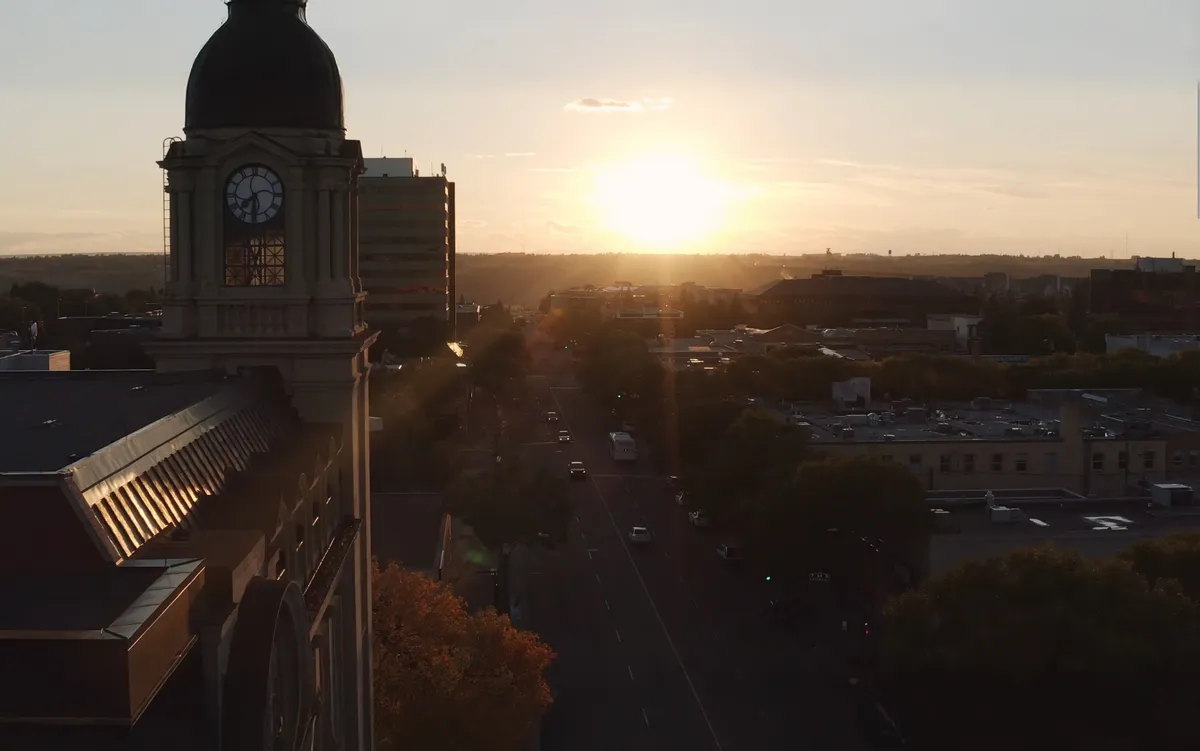 Aerial view of downtown Lethbridge and the historic Post Office building.