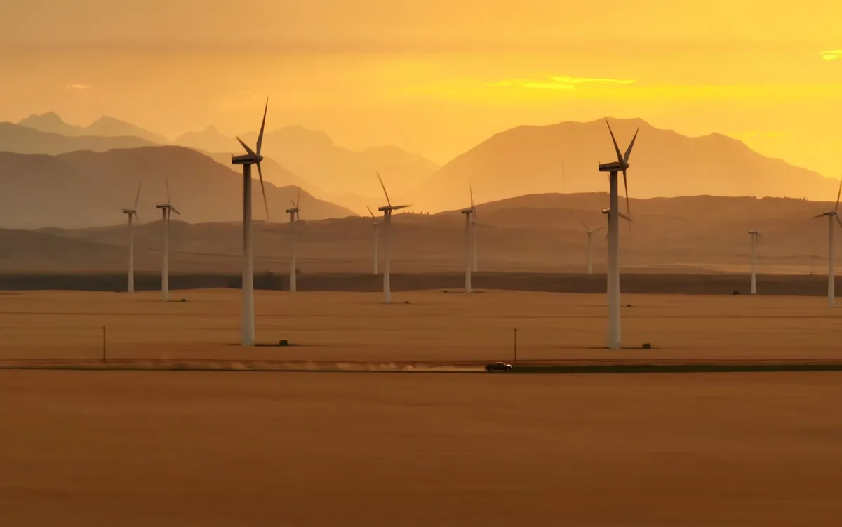 Drone shot of wind turbines in Southern Alberta.