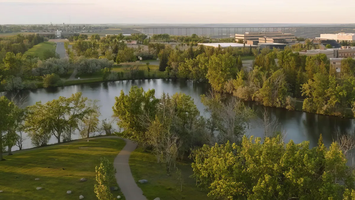 Drone view of Aperture Park Disc Golf course water feature.